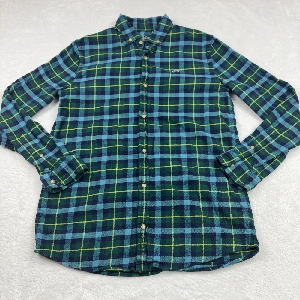 Vineyard Vines Button Up Shirt Youth XL Green Plaid Flannel Long Sleeve Collared - Picture 2 of 11